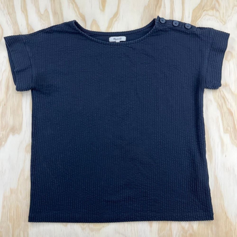 Madewell Womens Ribbed Button Shoulder Top Navy Blue Short Sleeve Size S